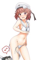 Rule 34 | 1girl, absurdres, armpits, bikini, blush, bow, brown eyes, brown hair, clothes writing, commentary request, enemy naval mine (kancolle), hair between eyes, halkawa501, hat, highres, kantai collection, looking at viewer, musical note, open mouth, ribbon, sailor bikini, sailor collar, sailor hat, short hair, simple background, speech bubble, swimsuit, tearing up, tears, tentacles, white background, white bikini, z3 max schultz (kancolle)