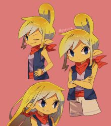 Rule 34 | 1girl, alternate costume, blonde hair, commentary request, hair bun, hair down, head tilt, highres, jacket, long hair, messy hair, multiple persona, neckerchief, nintendo, pointy ears, purple shirt, red neckerchief, shirt, signature, sleeveless, sleeveless jacket, smile, solo, tan, tetra, the legend of zelda, the legend of zelda: the wind waker, tokuura, upper body, very long hair