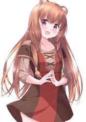Rule 34 | 1girl, aged down, animal ear fluff, animal ears, blush, brown eyes, brown hair, collarbone, commentary, dress, fingernails, hair ornament, highres, long hair, looking at viewer, messy hair, open mouth, own hands together, raccoon ears, raccoon girl, raphtalia, short twintails, smile, steepled fingers, tate no yuusha no nariagari, thighs, twintails, wari (nirodo26)