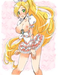 Rule 34 | 10s, blonde hair, blush, breasts, cure rhythm, green eyes, large breasts, minamino kanade, nipples, open clothes, open shirt, precure, shirt, suite precure