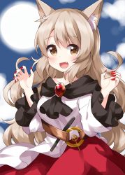 Rule 34 | 1girl, :d, alternate costume, animal ear fluff, animal ears, blonde hair, blush, breasts, brooch, collarbone, cosplay, dress, fang, fingernails, frilled sleeves, frills, full moon, highres, imaizumi kagerou, imaizumi kagerou (cosplay), jewelry, large breasts, long hair, long sleeves, looking at viewer, moon, multicolored clothes, multicolored dress, nail polish, one-hour drawing challenge, open mouth, red dress, red nails, ruu (tksymkw), sharp fingernails, smile, solo, touhou, upper body, watatsuki no toyohime, white dress, wide sleeves, wolf ears, yellow eyes