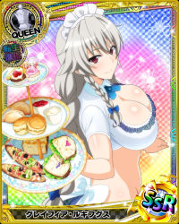 Rule 34 | 1girl, braid, breasts, card (medium), chess piece, cleavage, grayfia lucifuge, grey hair, high school dxd, large breasts, long hair, maid headdress, midriff, mature female, official art, queen (chess), red eyes, solo, twin braids