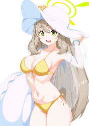 Rule 34 | 1girl, absurdres, bikini, blue archive, breasts, cleavage, commentary, cowboy shot, front-tie bikini top, front-tie top, green eyes, green halo, halo, halterneck, hat, hat tug, highres, holding, holding swim ring, innertube, large breasts, light brown hair, long hair, looking at viewer, navel, nonomi (blue archive), nonomi (swimsuit) (blue archive), official alternate costume, open mouth, side-tie bikini bottom, simple background, smile, solo, standing, sun hat, swim ring, swimsuit, swimsuit cover-up, teeth, tongue, upper teeth only, very long hair, vneckstore, white background, white hat, white innertube, yellow bikini