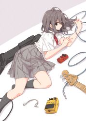 Rule 34 | 1girl, bass guitar, black socks, bow, bowtie, cable, effects pedal, grey hair, grey skirt, highres, instrument, instrument case, kneehighs, looking at viewer, lying, matsuda hikari, on side, original, pleated skirt, red bow, red bowtie, school uniform, simple background, skirt, socks, solo