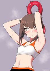 Rule 34 | 1girl, armpits, arms up, blush, breasts, brown hair, cosplay, crop top, cypress, enemy lifebuoy (kancolle), exercising, grey background, grey eyes, headgear, kantai collection, looking to the side, navel, ring fit adventure, ring fit trainee (female), ring fit trainee (female) (cosplay), short hair, simple background, small breasts, solo, steaming body, sweat, taihou (kancolle), upper body