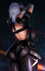 Rule 34 | 1girl, absurdres, adjusting hair, ahoge, arms up, ass, backboob, black bodysuit, blurry, blurry background, bodysuit, breasts, from behind, grey hair, hand in own hair, highres, large breasts, median furrow, medium hair, official alternate costume, ponytail, skin tight, solo, sweat, thighs, tower of fantasy, toy (wanju), wanderer (tower of fantasy)