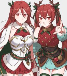 Rule 34 | 2girls, alternate costume, animal ears, antlers, breasts, cape, christmas, cleavage, commentary, cordelia (fire emblem), cordelia (winter) (fire emblem), deer ears, detached sleeves, dress, fake animal ears, fake antlers, female focus, fire emblem, fire emblem awakening, fire emblem fates, fire emblem heroes, frilled dress, frills, garter straps, gloves, highres, horns, long hair, looking at viewer, matching hair/eyes, mistletoe hair ornament, mother and daughter, multiple girls, nintendo, official alternate costume, peach11 01, pointing, pointing at viewer, red dress, red eyes, red gloves, red hair, reindeer antlers, selena (fire emblem fates), small breasts, smile, symbol-only commentary, thighs, twintails, very long hair, watermark, white cape