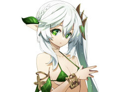 Rule 34 | 1girl, aged up, akino sora, bikini, bikini top only, bracelet, breasts, commentary request, genshin impact, gradient hair, green bikini, green eyes, green hair, hair between eyes, highres, jewelry, long hair, looking at viewer, medium breasts, multicolored hair, nahida (genshin impact), pointy ears, side ponytail, simple background, solo, swimsuit, white background