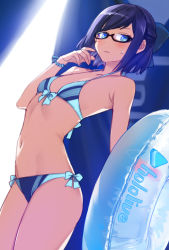 Rule 34 | 1girl, a-chan (hololive), bikini, black-framed eyewear, blue bikini, blue bow, blue eyes, blue hair, blush, bow, breasts, closed mouth, collarbone, glasses, goshiki suzu, halterneck, highres, holding, holding swim ring, hololive, innertube, long hair, looking at viewer, midriff, navel, scrunchie, short hair, small breasts, solo, sweatdrop, swim ring, swimsuit, tent, virtual youtuber, wavy mouth, wrist scrunchie