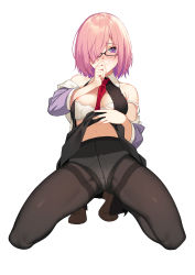 Rule 34 | 1girl, absurdres, bad id, bad pixiv id, black-framed eyewear, black pantyhose, blush, bra, breasts, clothes lift, crotch seam, dress, dress lift, fate/grand order, fate (series), glasses, gluteal fold, hair over one eye, hand to own mouth, high-waist pantyhose, highres, icarus (artist), mash kyrielight, medium breasts, navel, nipple slip, nipples, off shoulder, open clothes, open dress, panties, panties under pantyhose, pantyhose, pink hair, purple eyes, short dress, short hair, simple background, solo, squatting, strap slip, thighband pantyhose, underwear, weibo watermark, white background, white bra, white panties