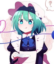 Rule 34 | 1girl, :q, ?, alternate costume, apron, blue bow, blue bowtie, bow, bowtie, bright pupils, closed mouth, food, food on face, green eyes, green hair, hat, heart, heart of string, highres, holding, holding plate, juliet sleeves, komeiji koishi, long sleeves, looking at viewer, looking to the side, maid, mob cap, plate, puffy sleeves, short hair, solo, spoken question mark, third eye, tongue, tongue out, touhou, upper body, white hat, white pupils, you (noanoamoemoe)