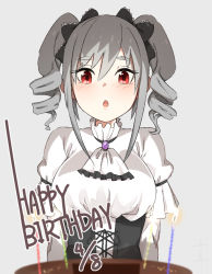 Rule 34 | 10s, 1girl, :o, birthday cake, blurry, blurry foreground, blush, breasts, cake, candle, commentary request, corset, dated, dress, drill hair, fire, fire, food, gem, grey background, grey hair, hair ribbon, happy birthday, idolmaster, idolmaster cinderella girls, kanzaki ranko, large breasts, looking down, open mouth, puffy sleeves, red eyes, ribbon, sente, short sleeves, simple background, solo, twin drills, upper body, white dress