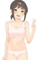 Rule 34 | 1girl, blush, bra, breasts, condom, condom wrapper, fubuki (kancolle), green eyes, highres, holding, holding condom, kantai collection, looking at viewer, open mouth, panties, pink bra, pink panties, ponytail, sakieko, short ponytail, simple background, small breasts, solo, training bra, underwear, underwear only, white background