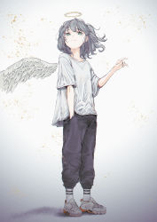Rule 34 | 1girl, angel wings, baggy pants, black pants, blush, closed mouth, collarbone, detached wings, dot nose, feathered wings, flat chest, full body, green eyes, grey hair, halo, hand in pocket, highres, light frown, looking at viewer, looking down, medium hair, multicolored hair, original, pants, remil, shadow, shirt, shoes, side ponytail, sneakers, socks, solo, standing, streaked hair, white background, white footwear, white shirt, white socks, white wings, wings