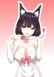 Rule 34 | 1girl, :d, absurdres, alternate costume, animal ears, azur lane, bare shoulders, black hair, blush, breasts, cat ears, choker, cleavage, commentary request, dress, elbow gloves, fang, gloves, gradient background, highres, large breasts, looking at viewer, off-shoulder dress, off shoulder, open mouth, red eyes, short hair, simple background, smile, solo, white dress, white gloves, yamashiro (azur lane), zijiang