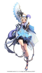 Rule 34 | 1girl, alternate costume, blonde hair, blue eyes, braid, chaos online, company name, copyright name, edelyn, folding fan, full body, green eyes, hand fan, highres, korean clothes, long hair, looking at viewer, love cacao, official art, simple background, solo, twin braids, very long hair, white background