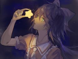 Rule 34 | 1girl, bow, cangyibaqingcai, chinese commentary, commentary request, dress, frilled dress, frills, glowing, green eyes, grey hair, hair bow, highres, holding, holding star, long hair, looking at object, luo tianyi, necktie, night, night sky, parted lips, portrait, short sleeves, sky, star (sky), star (symbol), vocaloid, vsinger, white neckwear