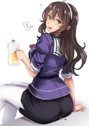 Rule 34 | 1boy, 2girls, admiral (kancolle), aoba (kancolle), arm support, ashigara (kancolle), ass, beer mug, black hair, black skirt, blush, brown eyes, brown hair, cup, drunk, from behind, giant, giantess, hair between eyes, hat, headband, jacket, kantai collection, long hair, looking back, mug, multiple girls, open mouth, pantyhose, pencil skirt, ponytail, purple hair, purple jacket, remodel (kantai collection), sitting, sitting on person, size difference, skirt, solo focus, utopia, white hat, white legwear
