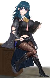 Rule 34 | 1girl, armor, bad proportions, black cape, blue eyes, blue hair, book, boots, breasts, brown pantyhose, byleth (female) (fire emblem), byleth (fire emblem), cape, cleavage cutout, closed mouth, clothing cutout, dagger, fire emblem, fire emblem: three houses, full body, glasses, hair between eyes, high heel boots, high heels, highres, holding, holding book, knife, large breasts, medium hair, navel, nemunemu semi, nintendo, pantyhose, pantyhose under shorts, sheath, sheathed, short shorts, shorts, sitting, solo, weapon