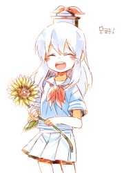 Rule 34 | 1girl, 6 (yuchae), adapted costume, alternate costume, blue hair, bow, closed eyes, flower, hair bow, hat, kamishirasawa keine, long hair, neckerchief, open mouth, ribbon, round teeth, shirt, sketch, skirt, smile, solo, sunflower, teeth, touhou, aged down