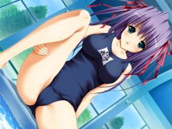 Rule 34 | 1girl, dutch angle, game cg, green eyes, kuramori yui, leg hold, long hair, looking at viewer, mehime no toriko, name tag, non-web source, one-piece swimsuit, orimiya mai, parted lips, partially visible vulva, pool, poolside, purple hair, school swimsuit, solo, spread legs, swimsuit, wet