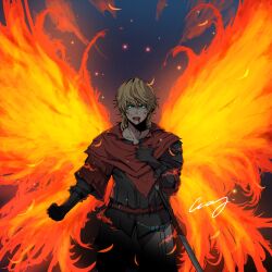 Rule 34 | 1boy, belt, black gloves, black jacket, blood, blood from mouth, blue eyes, clenched hand, cloak, collarbone, commentary request, cowboy shot, crazy02oekaki, embers, feathered wings, fiery wings, final fantasy, final fantasy xvi, fire, gloves, glowing, glowing eyes, hair between eyes, hand on own chest, highres, jacket, joshua rosfield, light brown hair, long sleeves, looking at viewer, male focus, open mouth, red cloak, serious, sheath, sheathed, short hair, signature, solo, sword, weapon, wings