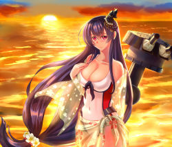 Rule 34 | 10s, 1girl, bad anatomy, bare shoulders, black hair, blush, breasts, cannon, casual one-piece swimsuit, cleavage, covered navel, fusou (kancolle), hair ornament, kantai collection, large breasts, light smile, long hair, looking at viewer, ocean, one-piece swimsuit, purple hair, red eyes, sarong, smile, solo, standing, sun, sunset, swimsuit, turret, very long hair, water, zenkaku