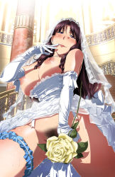 Rule 34 | 1girl, black hair, breasts, bridal gauntlets, bridal veil, bride, censored, covered erect nipples, dress, earrings, female focus, female pubic hair, flower, indoors, jewelry, lips, lipstick, long hair, looking at viewer, makeup, mature female, naughty face, nipples, open clothes, open dress, pubic hair, purple eyes, red lips, ring, rose, schelz, solo, source request, standing, thighs, veil, wedding band, wedding dress, yellow flower
