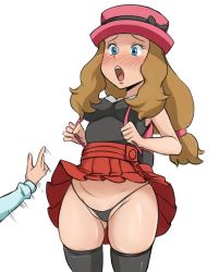Rule 34 | 2girls, assisted exposure, black panties, black shirt, black thighhighs, blue eyes, blush, breasts, brown hair, creatures (company), disembodied hand, embarrassed, female focus, game freak, hat, long hair, medium breasts, miette (pokemon), multiple girls, nintendo, open mouth, panties, pleated skirt, pokemon, pokemon (anime), pokemon xy (anime), red skirt, rider 117, serena (pokemon), shirt, simple background, skirt, sleeveless, sleeveless shirt, thighhighs, thong, underwear, white background