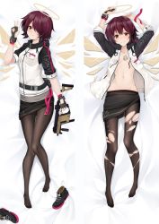 Rule 34 | 1girl, arknights, arms up, asymmetrical gloves, bed sheet, black gloves, black pantyhose, black skirt, black sleeves, breasts, cleavage, closed mouth, clothes lift, dakimakura (medium), dog tags, exusiai (arknights), fingerless gloves, from above, gloves, gun, hair between eyes, hair over one eye, holding, holding gun, holding weapon, jacket, long sleeves, looking at viewer, lying, midriff, miniskirt, moeanime, navel, no bra, on back, open clothes, open jacket, orange eyes, pantyhose, parted lips, pencil skirt, red hair, red ribbon, ribbon, short hair, single glove, skirt, skirt lift, sleeveless, sleeveless jacket, small breasts, smile, solo, standing, stomach, torn clothes, torn pantyhose, trigger discipline, weapon, white jacket
