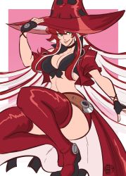 Rule 34 | 1girl, absurdres, belt, black gloves, breasts, cleavage, cosplay, crop top, cropped jacket, fingerless gloves, gloves, green eyes, guilty gear, guilty gear strive, hair between eyes, hat, high collar, highres, i-no, i-no (cosplay), jack-o&#039; valentine, jacket, long hair, medium breasts, multicolored hair, navel, overskirt, parted lips, red hair, scruffyturtles, skirt, solo, thighhighs, two-tone hair, very long hair, witch hat