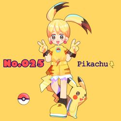 Rule 34 | 1girl, bad id, bad pixiv id, belt, black eyes, black legwear, blonde hair, blush, blush stickers, character name, creatures (company), double v, earrings, english text, female focus, fingerless gloves, full body, game freak, gen 1 pokemon, gloves, hands up, happy, jewelry, looking at viewer, narumame, nintendo, open mouth, personification, pikachu, poke ball, poke ball (basic), poke ball theme, pokedex number, pokemon, pokemon (creature), shirt, shoes, short hair, short shorts, short sleeves, shorts, simple background, smile, socks, standing, teeth, text focus, v, yellow background, yellow footwear, yellow gloves, yellow shirt, yellow shorts, yellow theme