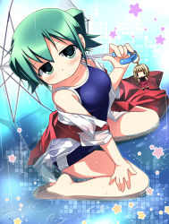 Rule 34 | 1girl, barefoot, blouse, blush, character doll, competition school swimsuit, feet, green eyes, green hair, hidamari sketch, matching hair/eyes, nagayama yuunon, nazuna (hidamari sketch), nori (hidamari sketch), one-piece swimsuit, rain, school swimsuit, school uniform, shirt, short hair, sitting, solo, star (symbol), submerged, swimsuit, swimsuit under clothes, transparent, transparent umbrella, twintails, umbrella, wariza, water, wet, wet clothes, wet shirt, white shirt, | |