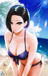 Rule 34 | 1girl, artist logo, bare shoulders, beach, bikini, black hair, blue bikini, breasts, brown eyes, cleavage, closed mouth, collarbone, commentary, cowboy shot, day, front-tie bikini top, front-tie top, highres, infinote, large breasts, leaning forward, looking at viewer, navel, ocean, original, outdoors, palm tree, shell, short hair, side-tie bikini bottom, solo, standing, sun, swimsuit, symbol-only commentary, tree, wet, yashiki yuuko (infinote), yellow eyes