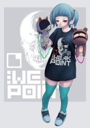 Rule 34 | 1girl, black eyes, black shirt, blue hair, blue thighhighs, female focus, full body, highres, looking at viewer, original, oversized clothes, pale skin, pigeon-toed, puppet, shibata ico, shirt, shoes, solo, standing, t-shirt, thighhighs, twintails