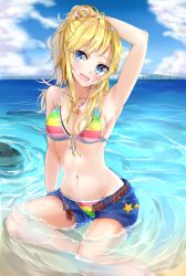 Rule 34 | 1girl, :d, arm support, arm up, bad id, bad pixiv id, belt, bikini, bikini under clothes, blonde hair, blue eyes, blue shorts, blush, breasts, cleavage, cloud, collarbone, day, front-tie bikini top, front-tie top, groin, hair ornament, halterneck, hand in own hair, head tilt, high ponytail, highres, idolmaster, idolmaster cinderella girls, idolmaster cinderella girls starlight stage, long hair, medium breasts, navel, o-ring, o-ring bikini, ocean, ohtsuki yui, open belt, open clothes, open mouth, open shorts, outdoors, sankee, short shorts, shorts, sitting, sky, smile, solo, stomach, striped bikini, striped clothes, swimsuit, unbuckled, unbuttoned, unzipped, water