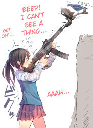 Rule 34 | 1girl, assault rifle, bird, black hair, brown hair, daito, gun, hard-translated, long hair, o o, original, pigeon, ponytail, rifle, school uniform, solo, third-party edit, translation request, trembling, trigger discipline, weapon, you&#039;re doing it wrong