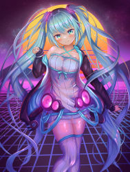 Rule 34 | 1girl, absurdres, alternate costume, bare shoulders, black sweater vest, blue eyes, blue hair, blue nails, blue ribbon, blush, clenched hand, closed mouth, collarbone, commentary request, criss-cross halter, dress, frilled dress, frills, hair ornament, halterneck, hatsune miku, hatyomugi00, head tilt, highres, legs together, long hair, messy hair, moon, mountain, mountainous horizon, nail polish, neon lights, night, night sky, paw pose, retro artstyle, ribbon, short dress, sidelocks, sky, smile, solo, standing, star (sky), starry sky, strap, sweater, sweater vest, thighhighs, thighs, twintails, very long hair, vocaloid, yellow moon, yuzuki yukari