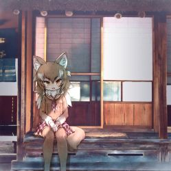 Rule 34 | 10s, 1girl, animal ears, blush, commentary request, fangs, fur collar, highres, japanese wolf (kemono friends), kemono friends, kolshica, light brown hair, long hair, long sleeves, multicolored hair, neckerchief, plaid, plaid neckerchief, plaid neckwear, plaid skirt, pleated skirt, sailor collar, sitting, skirt, solo, tail, thighhighs, white hair, wolf ears, wolf tail