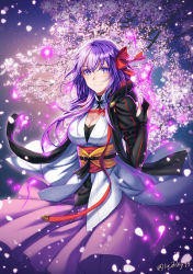 Rule 34 | 1girl, asymmetrical clothes, bow, breasts, cherry blossoms, cleavage, cowboy shot, dress, fate/grand order, fate (series), hair bow, large breasts, looking at viewer, matou sakura, matou sakura (imaginary around), name connection, object namesake, parnasso, petals, purple dress, purple eyes, purple hair, red bow, short hair, smile, solo, twitter username