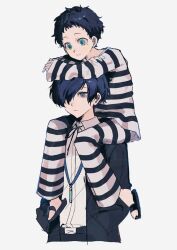 Rule 34 | black footwear, black hair, black jacket, black ribbon, blue eyes, blue hair, carrying, closed mouth, collared shirt, grey background, hair over one eye, hands in pockets, highres, jacket, long sleeves, male focus, mole, mole under eye, multiple boys, neck ribbon, open clothes, open jacket, pants, persona, persona 3, pharos, prison clothes, ribbon, sandals, shirt, shoulder carry, simple background, uxco0, white shirt, yuuki makoto (persona 3)