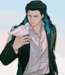 Rule 34 | 1boy, alternate costume, bird, bird on hand, black hair, black jacket, blouse, blue background, blue eyes, blue hair, closed mouth, commentary request, fate/grand order, fate (series), gradient background, gradient hair, highres, jacket, light smile, long hair, long sleeves, looking at another, male focus, multicolored hair, nikola tesla (fate), shirt, smile, solo, sosaka, upper body, white background, white fur, white shirt