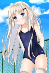 Rule 34 | 1girl, absurdres, arms behind back, blonde hair, blue eyes, blue one-piece swimsuit, chain-link fence, competition school swimsuit, cowboy shot, fence, highres, kud wafter, kudpoid (71139), little busters!, long hair, looking at viewer, noumi kudryavka, one-piece swimsuit, school swimsuit, smile, solo, swimsuit, thighhighs, white thighhighs