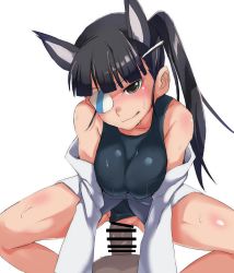 Rule 34 | 1boy, 1girl, absurdres, animal ears, assertive female, bar censor, black eyes, black hair, blue one-piece swimsuit, body blush, breasts, censored, clothed female nude male, clothing aside, cowgirl position, erection, girl on top, hetero, highres, ito (i too04), jitome, long hair, looking at viewer, lying, medium breasts, nude, old school swimsuit, one-piece swimsuit, penis, ponytail, pov, print eyepatch, pussy, pussy juice, pussy juice drip, sakamoto mio, school swimsuit, sex, shiny skin, simple background, smirk, solo focus, straddling, strike witches, sweat, swimsuit, swimsuit aside, swimsuit under clothes, vaginal, very long hair, white background, world witches series