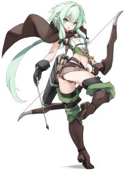 Rule 34 | 10s, 1girl, :o, aqua hair, ass, black bow, blush, boots, bow, bow (weapon), commentary request, crossbow, elf, flat chest, full body, gloves, goblin slayer!, green eyes, high elf archer (goblin slayer!), highres, karukan (monjya), leg up, long hair, looking at viewer, navel, open mouth, pointy ears, revision, robe, short shorts, shorts, sidelocks, simple background, solo, weapon, white background