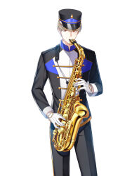 Rule 34 | 1boy, alternate hair color, alto saxophone, band uniform, black gloves, black headwear, black jacket, black pants, blonde hair, buttons, closers, collared jacket, cowboy shot, double-breasted, gloves, hat, high collar, highres, holding, holding instrument, instrument, jacket, legs apart, long sleeves, looking at viewer, male focus, marching band, music, official art, pants, playing instrument, red eyes, saxophone, shako cap, short hair, single vertical stripe, solo, standing, uniform, white background, wolfgang schneider