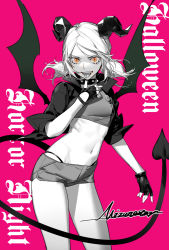 Rule 34 | 1girl, arknights, bat wings, breasts, choker, crop top, cropped jacket, demon horns, demon tail, english text, evil smile, fingerless gloves, gloves, highres, horns, ifrit (arknights), jacket, looking at viewer, midriff, mizuno star, monochrome, navel, open mouth, orange eyes, pink background, short hair, short shorts, short twintails, shorts, signature, simple background, small breasts, smile, solo, tail, thighs, thong, tongue, tongue out, twintails, wings