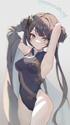 Rule 34 | 1girl, absurdres, armpits, arms behind head, arms up, black dress, black hair, blue archive, blue eyes, breasts, butterfly hair ornament, china dress, chinese clothes, chingo (pixiv8584617), closed mouth, coat, commentary, covered navel, cowboy shot, double bun, dragon print, dress, grey coat, grey halo, hair bun, hair ornament, halo, highres, kisaki (blue archive), long hair, looking at viewer, print dress, sleeveless, sleeveless dress, small breasts, solo, sweat