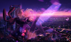 Rule 34 | 1girl, animal hood, bride, building, character name, city, cityscape, cloud, cloudy sky, copyright name, dress, falling, hair ornament, headset, highres, hood, hood down, hoodie, horizon, inabi, outstretched arm, purple dress, purple eyes, purple hair, purple thighhighs, rabbit hood, river, shoes, sky, skyscraper, smile, solo, thighhighs, twintails, vocaloid, voiceroid, yuzuki yukari