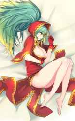 Rule 34 | 1girl, aqua eyes, aqua hair, ass, barefoot, bed sheet, blonde hair, breast hold, breasts, capelet, cleavage, cloak, colored eyelashes, dress, from above, full body, gloves, highres, hood, hooded cloak, large breasts, league of legends, long hair, low neckline, lying, multicolored hair, on back, parted lips, pd (pdpdlv1), profile, red dress, red gloves, silent night sona, solo, sona (league of legends), thighs, twintails, two-tone hair, very long hair
